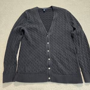Lands End Black Cable Knit Button-up Sweater V-neck Girls Size L (14-16) School